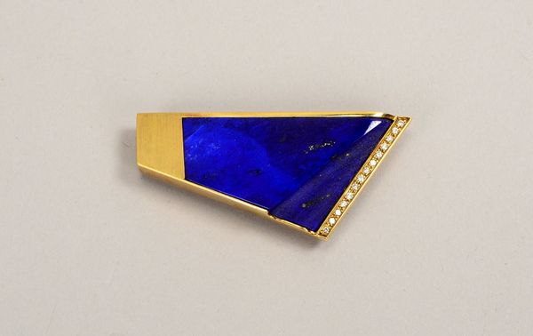 Brosche (Goldschmiedearbeit), 585 GG (gest.), mit Lapislazuli-Platte und kl. Brillanten