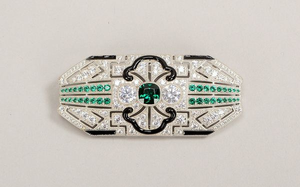 Brosche (Art déco-Ausführung), 925 Sterlingsilber, mit Onyxbesatz und Zirkonen