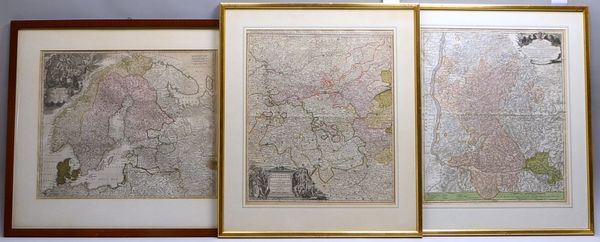 Homann, J.B., 3 Landkarten, Kupferst.: 'Scandinavian', 'Bresgau', 'Mainz', hinter Glas