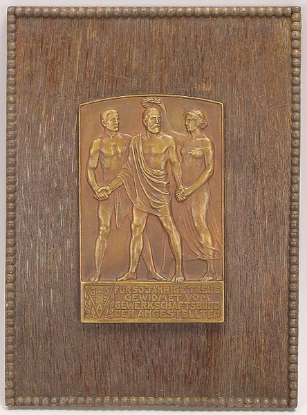 Jubiläumsplakette, Bronzerelief, mit Widmung 'Gewerkschaftsbund der Angestellten'