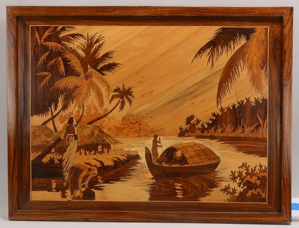Großes Wandbild/Intarsienarbeit, 'Idyllisches Fischerdorf', unterschiedliche Hölzer