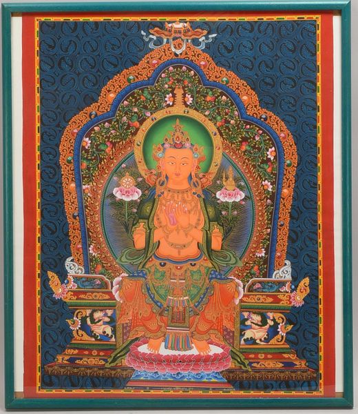 Thangka (Nepal, 20. Jh.), mit hindustischem Motiv, 'Sitzender Buddha auf Thron'
