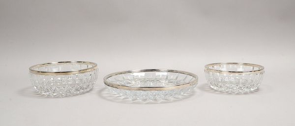 3 Servierschalen, Kristallglas, verschiedene Ausführungen, mit 925 Silbermontur