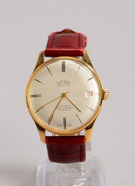 HAU 'Saturne de Luxe', Automatik, 585 GG-Gehäuse, 25 Steine, Strichindizes, an Lederarmb.