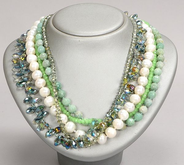 Collier, 5-str., div. Besatz (Perlen, Kristall, Aventurin, Jadeit), 925 Sterlings-Schließe