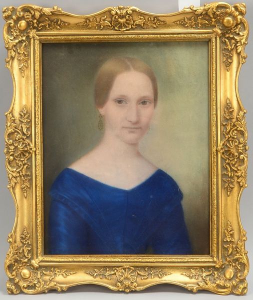 Biedermeier-Portrait, 'Junge Dame im blauen Kleid', Kreide/Papier, hinter Glas