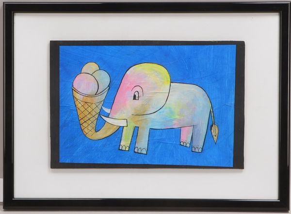 Avignon, Jim (*1966 München), 'Elefant mit Eistüte', Acryl/Bleistift auf Papier/Pappe, verso bez.
