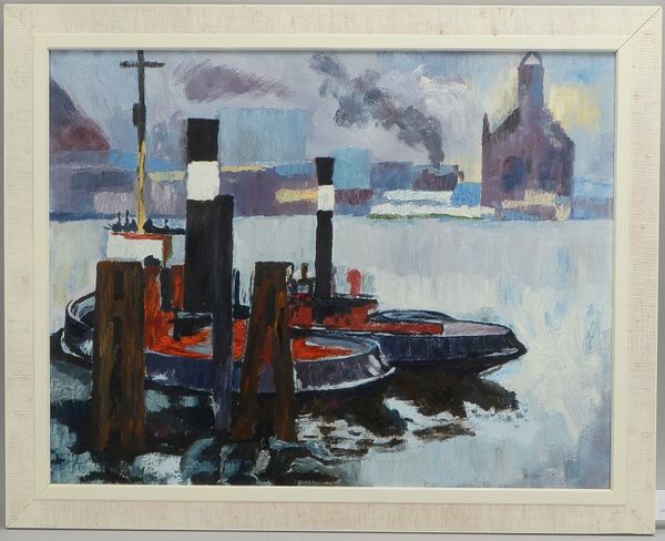 Wittler, Arrigo, 'Dampfschlepper am Dalben', Öl/Hf, unsign.; Rahmenmaße 74 x 93 cm