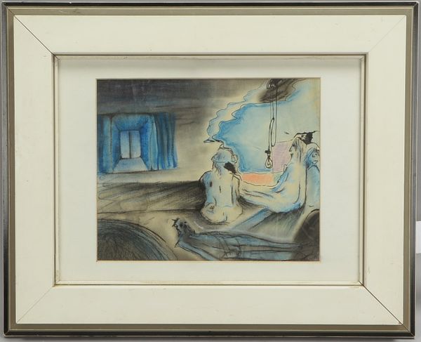 Mischtechnik, 'Surreale Schlafzimmerszene', unsign. hinter Glas; Bildmaße 42 x 52 cm