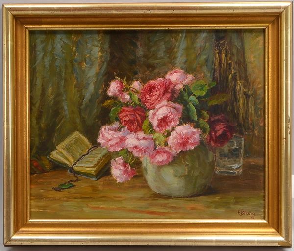 Bürsing, Frieda, 'Rosen in Vase', Öl auf Holz, sign.; Rahmenmaße 54 x 64 cm