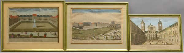 3 'Guckkasten-Motive' (Paris/Spanien), handkol. Stiche, jeweils hinter Glas; versch. Maße
