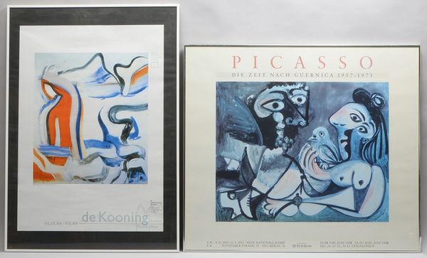 2 Künstler-Ausstellungsplakate, hinter Glas gerahmt: 1x Picasso, 1x Gemeinschaftsausst.