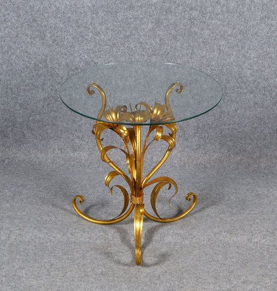 Beistelltisch 'Lilly', runde Glasplatte auf Metallgestell/verg. ('Blütenbund'), Entw. Hans Kögl