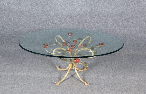 Florentiner Beistelltisch, ovale Glasplatte/farb. Metallgestell ('Rosenstrauß'), Entw. Hans Kögl