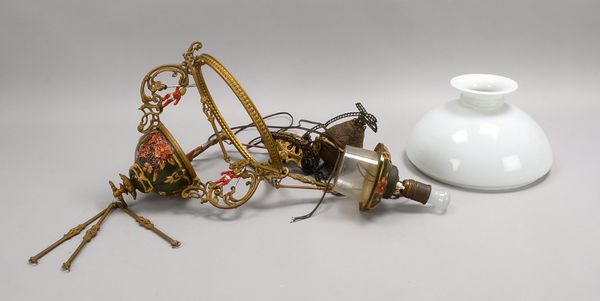 Petroleumlampe, Majolika/Gusseisen, Opalglas-Schirm - elektrifiziert!; Schirm Ø 33 cm