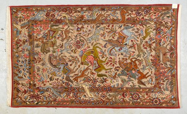 Ghom, feine Knüpfung, ca. 500.000 Kn./qm, Jagdmotiv; Maße 176 x 107 cm