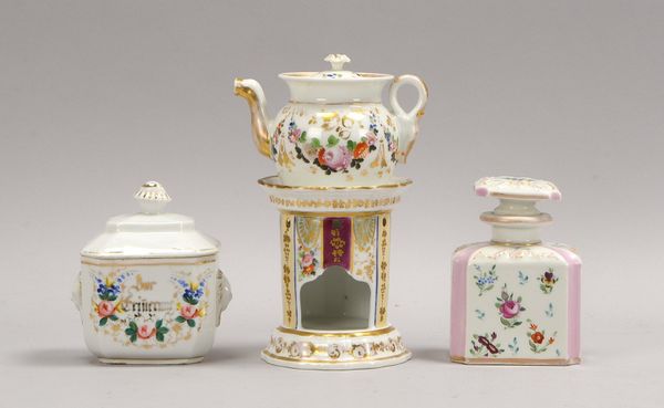Biedermeier-Tischporz., 4 Teile: Teekanne, Stövchen, Teedose und Deckeldose