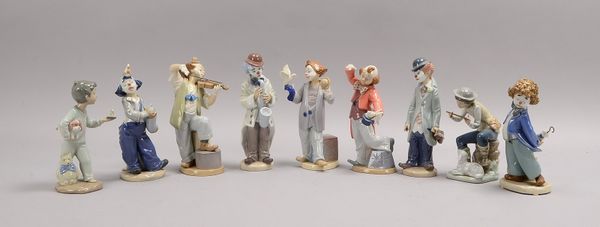 Marco Giner/Spanien, 9 Porz.-Figuren (in Lladro-Art), davon 7x Clowns - versch. Darst.
