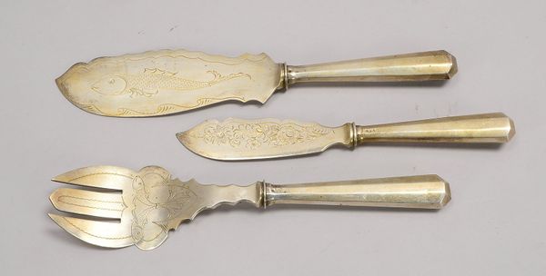 Vorlege-Fischbesteck, versilbert, florale/figürl. Ziselierungen, 3-tlg.