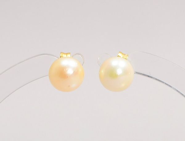 Paar Ohrstecker, 585 WG (gest.), jeweils mit Perle/Ø 6 mm, 333 GG-Brisuren; Gewicht 1,50 g