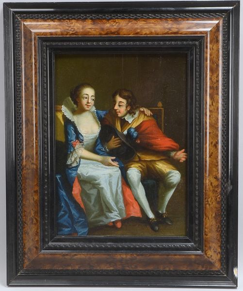 Gemälde, Galantes Paar, Öl auf Holz, unsigniert; BM 38 x 26,5 cm, RM 53 x 43 cm