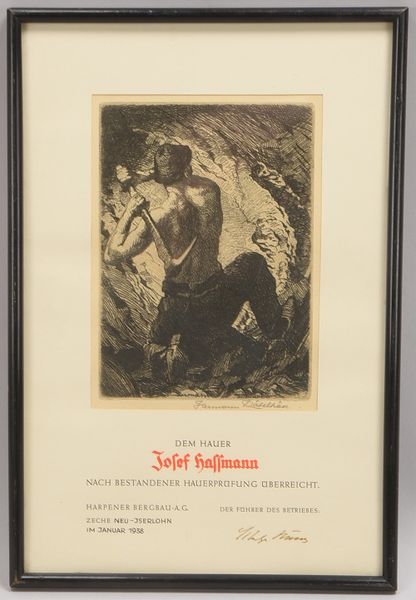 Kätelhön, Hermann, Bergmann, Radierung, signiert/gewidmet; RM 37 x 25 cm