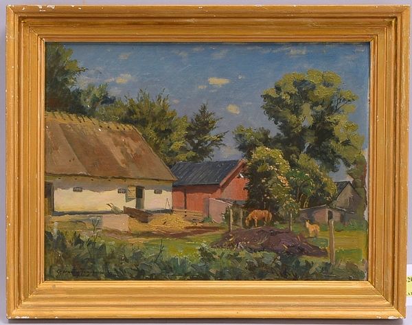 Hornung-Jensen, C., Gehöft mit Pferden, Öl/Holzplatte, sign./dat.; BM 24,5 x 32,5 cm