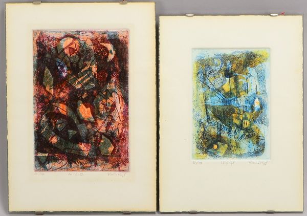 Krauskopf, K.H., Abstraktionen, 2 Farblithogr., sign./dat., hinter Glas; RM 35 x 25 cm