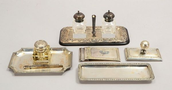 Schreibtischgarnituren-Sammlerkonvolut, Silber und Silber-Montierung, 3 Stück/davon 2x mit Glas-Tint