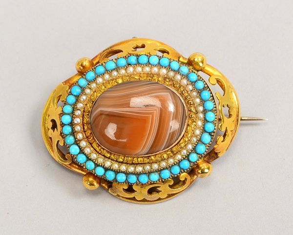 Brosche/Anh., 333 GG (gepr.), mit Achat, Türkisen und Perlen; Gewicht 24 g