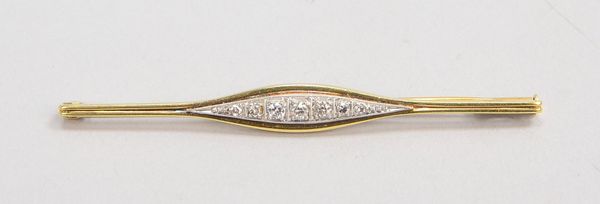 Stabbrosche, 585 GG/WG (gestempelt), besetzt mit 7x kleinen Diamanten; Länge 6,5 cm, Gewicht 5 g