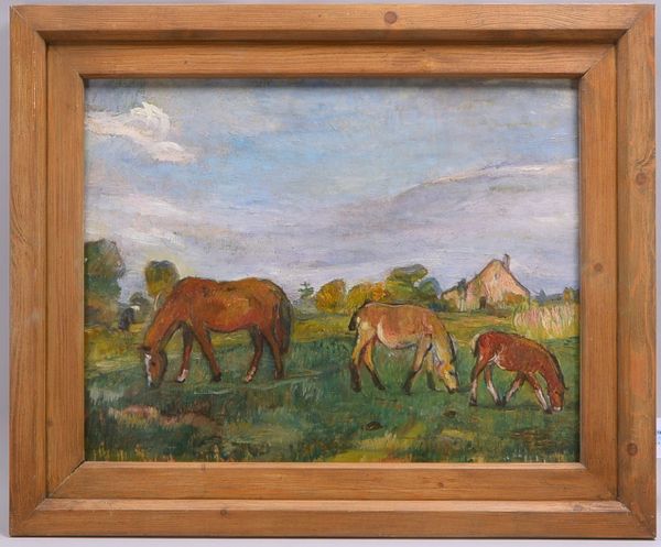 Oppel, Lisel (1897 - 1960 Bremen), 'Grasende Pferde', Öl auf Holz/gerahmt, unten links signiert und