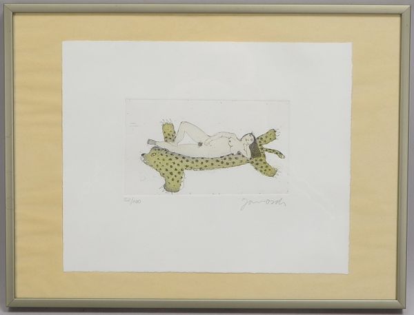 Janosch (alias Horst Eckert, *1931 Zabrze), 'Akt auf geflecktem Tier', Farbradierung, Auflage-Nr. '5