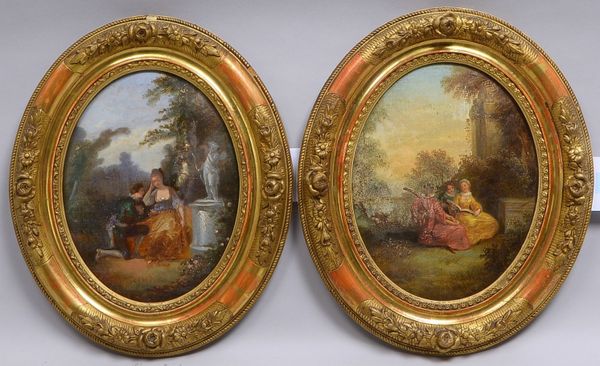 Paar Hinterglasmalereien, 'Galante Szenen', jeweils im ovalen Rahmen; Rahmenmaße 35 x 29 cm