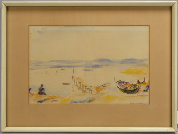 Prof. Schaefer, Edmund (1880 Bremen - 1959 Unterwössen), 'Entspannung am Bootssteg', Aquarell, unten