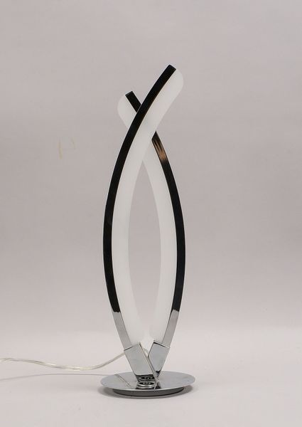 Designer-Tischlampe, 2-flammig, verchromtes Metall, mit 2x bogenförmigen Lichtelementen, 3-stufig sc