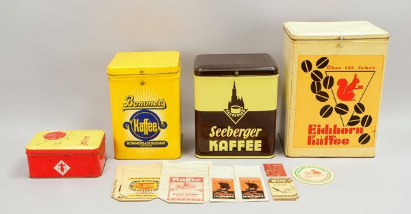 Kleines Vorratsdosen-Sammlerkonvolut, Kaffee-Präsentationsdosen, Weißblech, jeweils mit original Mar