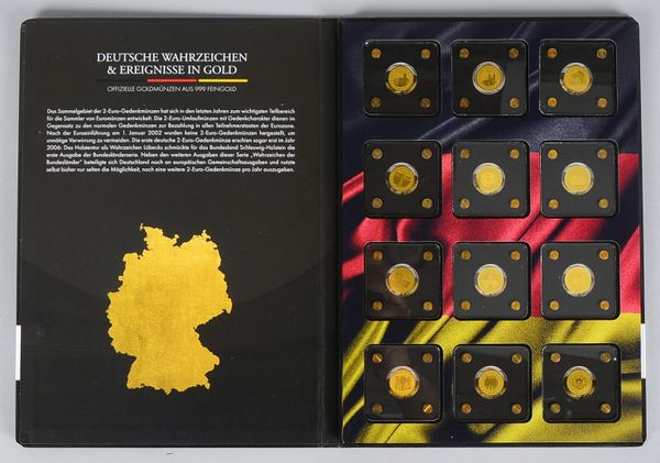 Münz-Sammelmappe, 'Deutsche Wahrzeichen und Ereignisse', besetzt mit 12x offiziellen Goldmünzen/Meda