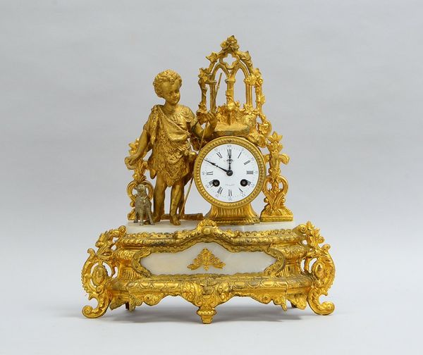 Kaminuhr (Frankreich), Schlag auf Glocke, Zinkguss und Alabaster, Ziffernblatt bezeichnet 'F. Meric'