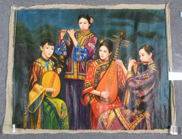 Gemälde (China), 'Musikalisches Quartett', Öl/Lw, unsigniert, ungerahmt; Bildmaße 97 x 130 cm