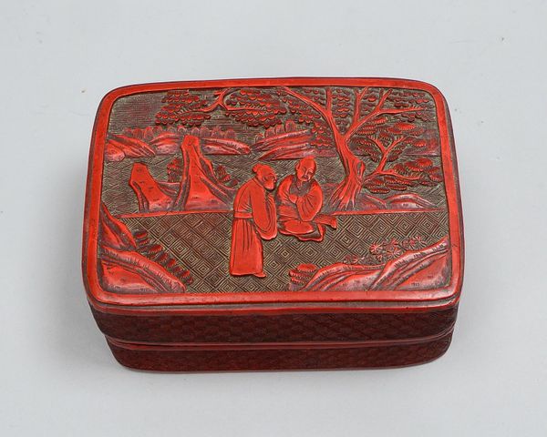 Deckeldose (China), Rotlack-Schnitzerei, im Deckel mit Motiv, 'Personen in Landschaft'; Höhe 6 cm, B