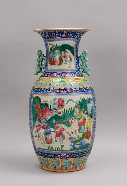 Porzellanvase, ovoid, polychr. Bemalung, 2x Handhaben, ungemarkt; Höhe 42,5 cm