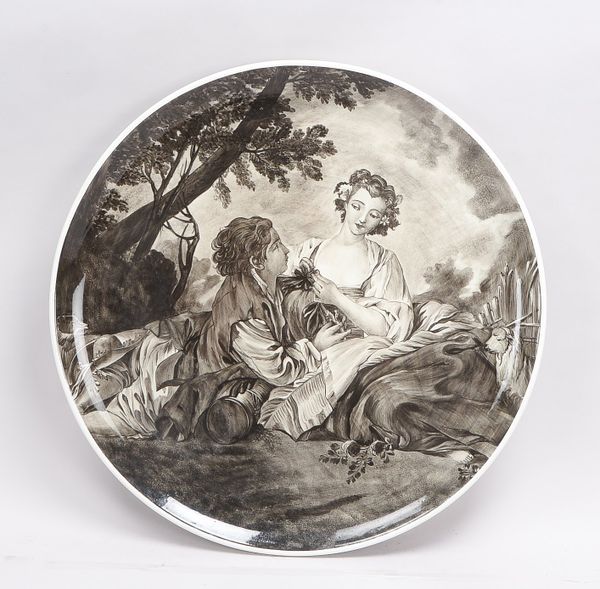 Großer Keramikteller, handbemalt, 'Romantisches Rendevous', signiert 'F.Boucher', Poloniato Aldo, ve