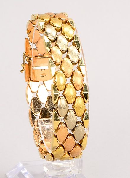 Armband, 585 Gold/Tricolor (gestempelt), Steckschließe; Länge 18,50 cm, Breite 1,7 cm, Gewicht 34,70