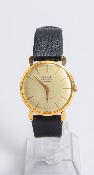 Herrenarmbanduhr, Nivada 'Compensamatic', Edelstahl-Gehäuse am Lederarmband, Zifferblatt mit Strichi