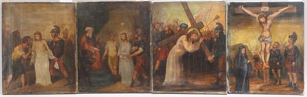 4 alte Ölgemälde, 'Passionsstationen zum Leidensweg Jesus Christus', Öl/Lw, 19. Jhrd., dargestellt s