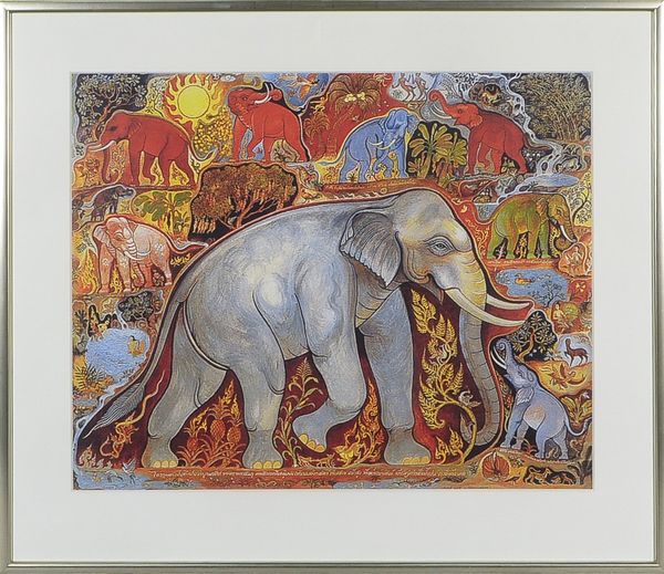 Großer Galerierahmen, mit innenliegendem Druck ('Elefantendarstellungen'), unter Passepartout hinter