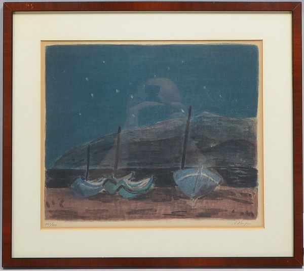 Farblithografie, 'Boote am nächtlichen Strand', Auflage-Nr. '160/200', (nicht eindeutig leserlich) s