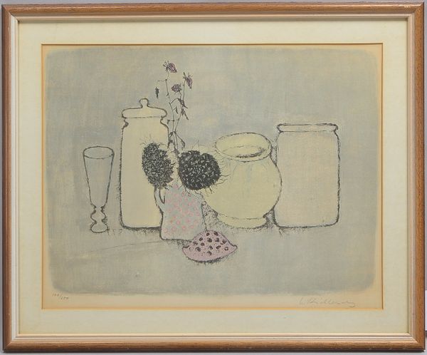 Lithografie, 'Stillleben mit Töpfen und Blumen', Auflage-Nr. '100/200', (nicht eindeutig leserlich)