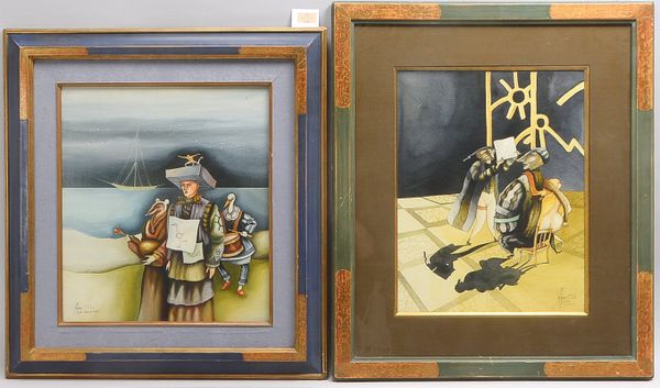 2 surrealistische Gemälde, Mischtechnik auf Karton, 1x 'Noah in der Wüste', 1984, 1x 'Das schwache B